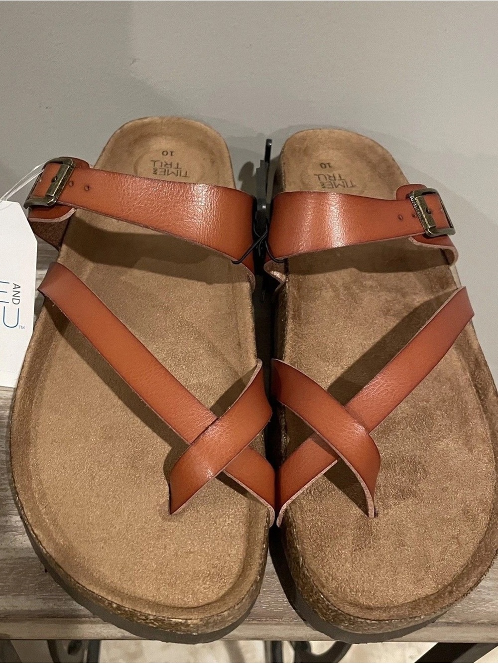 Time and Tru Brown Cross-Strap Cork-Style Slide Sandals